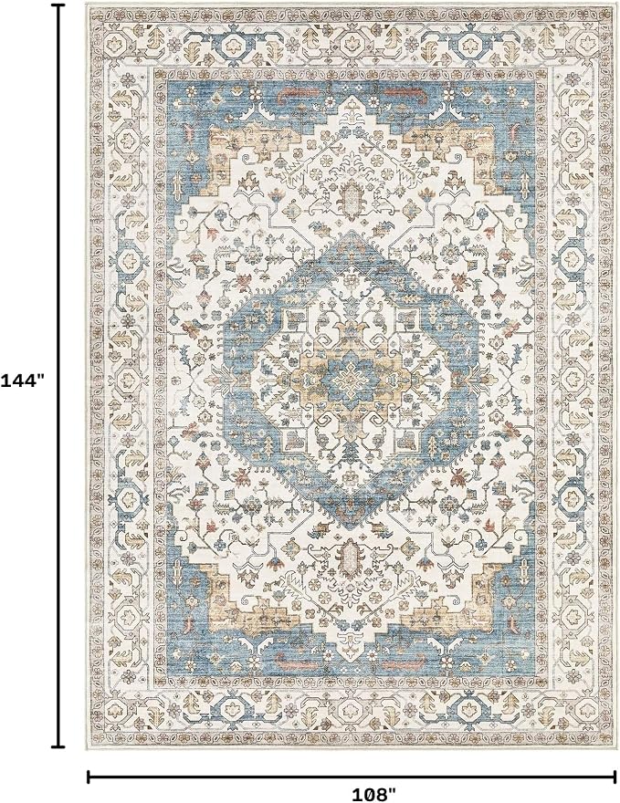 Area Rug for Living Room - 9x12 Soft Washable Oriental Vintage Floral Distressed Large Carpet - Fade Stain Resistant Non Slip Rugs for Bedroom Dining Room Nursery Dorm Office Home Decor - Blue/Beige