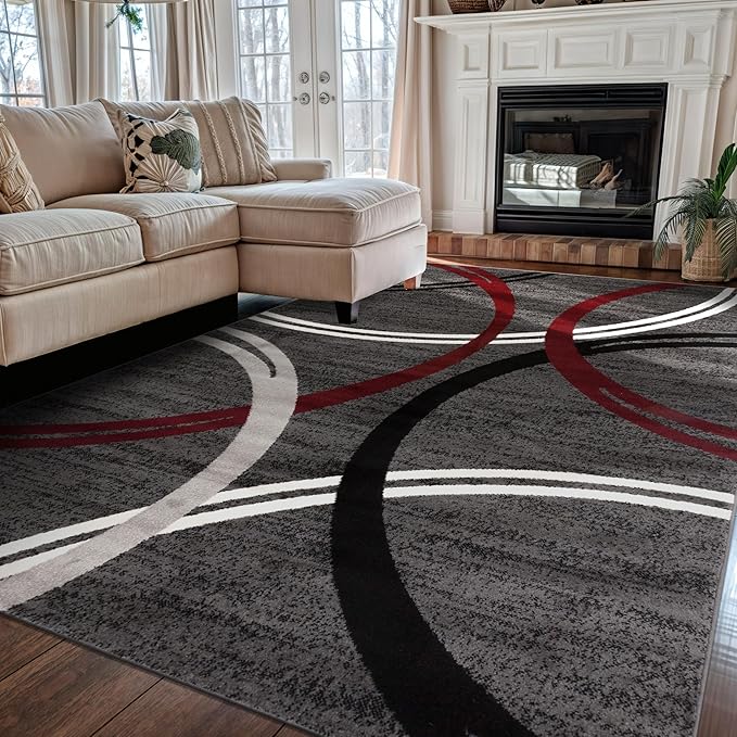 Rugshop Wavy Circles Modern Non-Shedding Area Rug Red 5'3" x 7'3"