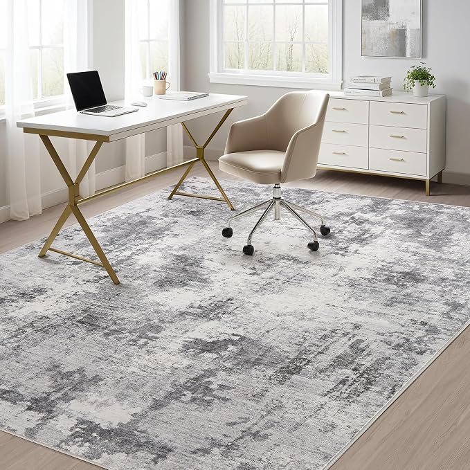Abstract 6x9 Area Rug: Machine Washable Non Slip Ultra Thin Low-Pile Carpet, Soft Stain Resistant for Living Room Bedroom Nursery, Kid Pet Friendly, Robot Vacuum Compatible - Grey