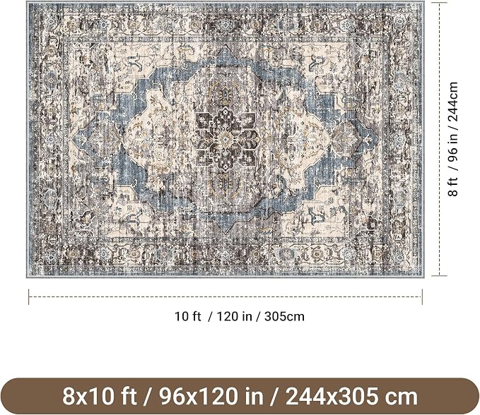 befbee 8x10 Area Rugs for Living Room, Stain Resistant Neutral Washable Rugs for Dining Room, Floral Vintage Non-Slip Thin Large Size Area Rug (Blue/Black)