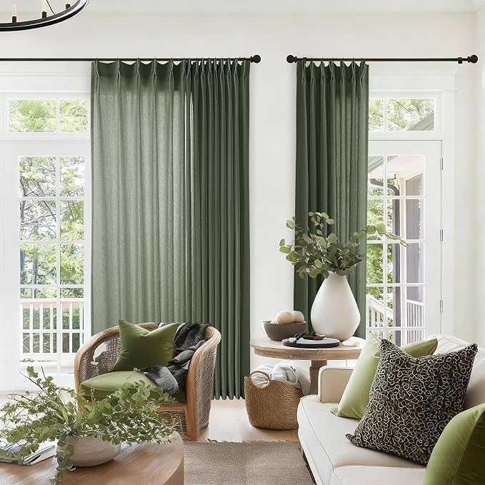 Olive Green Linen 100 Inch Wide Curtains 90 Inches Long Semi Sheer | Light Filtering, Farmhouse, Pleated Curtain, Hooks Rings, for Living Dining Room Patio Sliding Door Large Window, 1 Panel