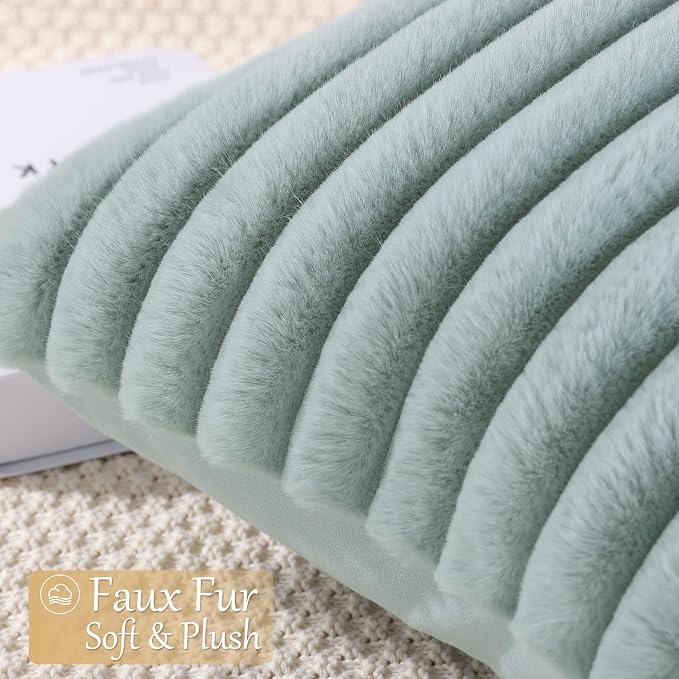 decorUhome Fall Faux Fur Throw Pillow Covers 18x18 Set of 4 Rust/Beige | Decorative Modern Farmhouse Soft Cozy Striped Pillow Cases Velvet Back for Sofa Bed Living Room Classic Accent Home Decor