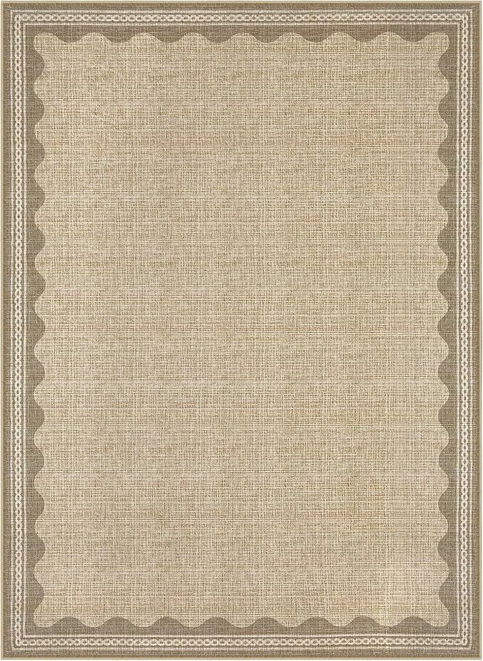 GarveeHome Scalloped Washable Rugs 9x12 Rug for Living Room Non-Slip Solid Tan Jute Digital Printing Modern 9 x 12 Rug Low-Pile Carpet for Bedroom Dining Nursery Mat with Rubber Back