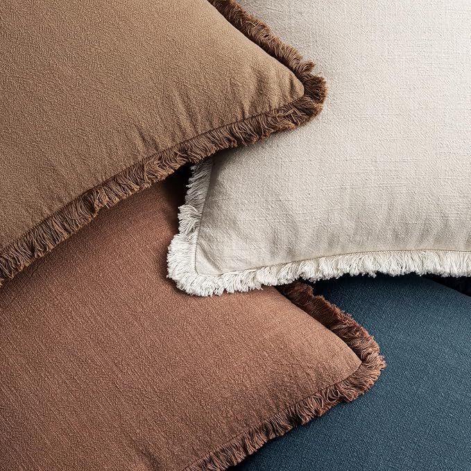 MIULEE Fall Linen Fringe Pillow Covers Set of 4 20x20 Beige/Brown/Blue | Boho Farmhouse Decorative Throw Pillow Covers, Neutral Soft Rustic Cushion Cases, for Couch Sofa Bed Living Room Home Decor