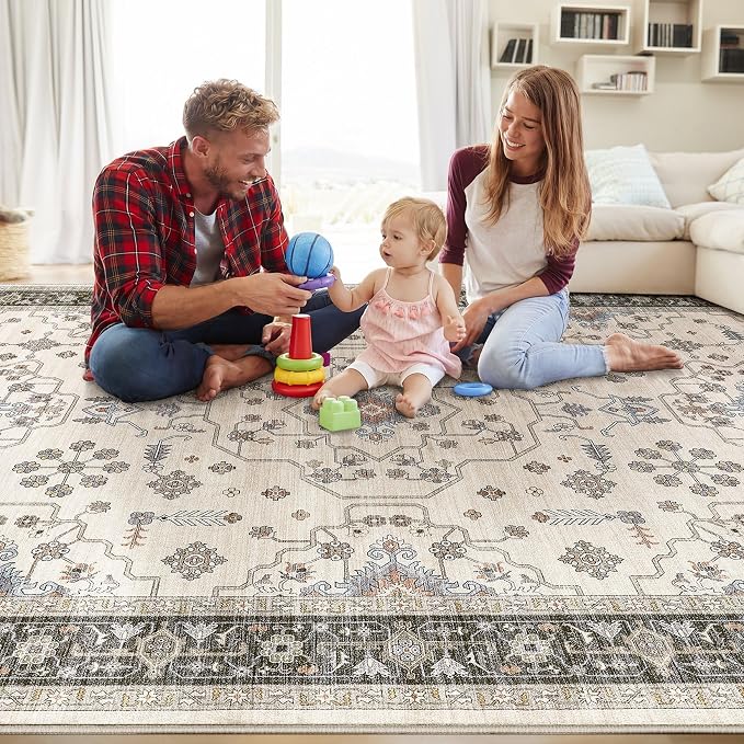 8x10 Area Rugs for Living Room - Large Carpet Ultra Thin Soft Washable Oriental Vintage Floral Distressed Big Indoor Carpets for Bedroom Nursery Dorm Home Decor Aesthetic - Brown Black