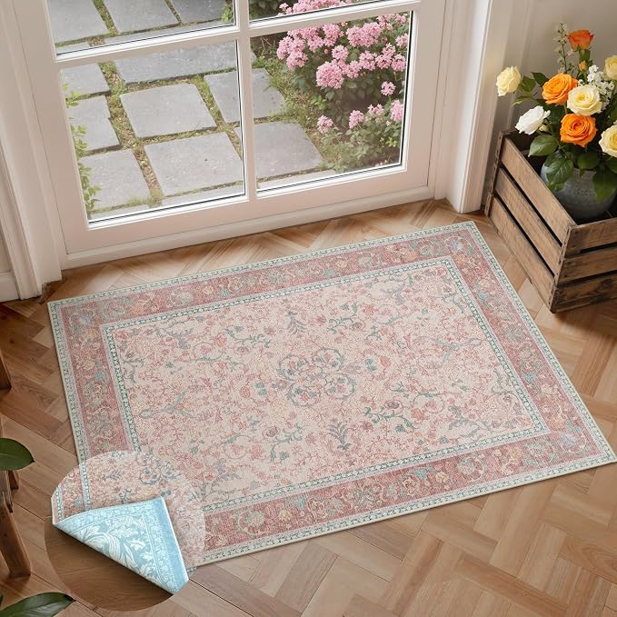 Bavni Small Throw 2x3 Vintage Floral Rug, Washable Non Slip Cute Area Rug for Entryway, Bedroom, Kitchen or Bathroom, Low Pile Carpet, Pink Blue