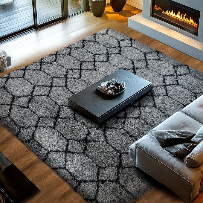 8x10 Area Rugs for Living Room: Grey and Black Fluffy Bedroom Rug- 8x10 Feet Geometric Large Soft Plush Shaggy Rug- Fuzzy Shag Floor Carpet for Living Room, Nursery Kids Room, Dorm Home Decor