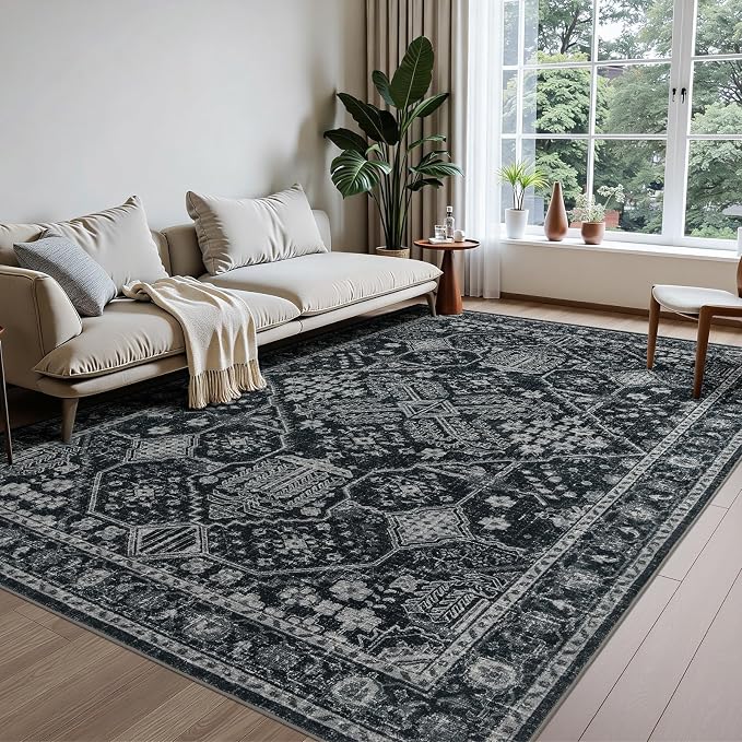 Joydeco 5x7 Area Rugs for Living Room, Non Slip Machine Washable Vintage Rug, Low Pile Thin Chenille Print Rugs for Bedroom, Dining Room, Pet & Child Friendly, Home Office, Dark Gray&Light Gray&Black