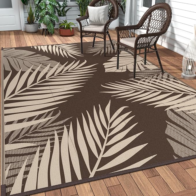 GENIMO Outdoor Rug, Waterproof Plastic Rugs for Patio, 4'x6' Coffee Beige | Outside Larger Leaf Carpet Mat for Porch Decor, Deck, Balcony, Camping, RV, Backyard, Picnic, Beach, Reversible, Foldable