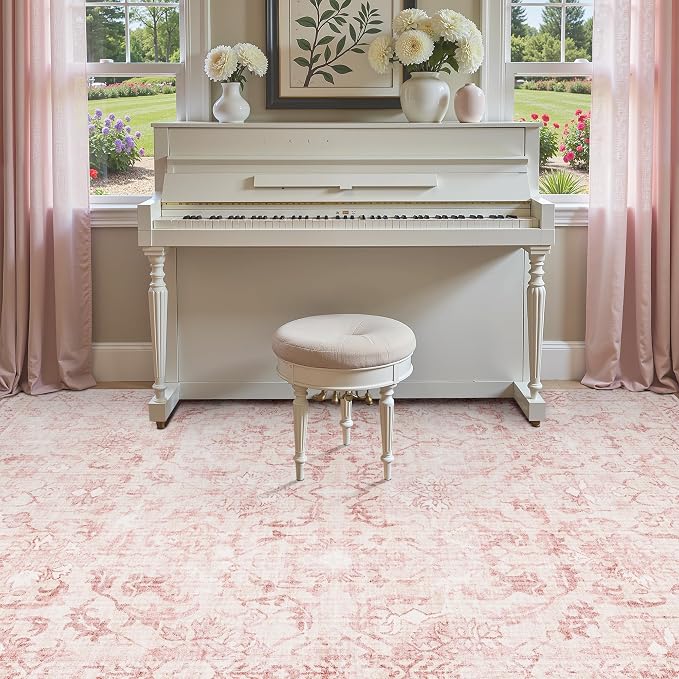 Pink Vintage Area Rug 4x6 for Living Room Bedroom, Washable Distressed Farmhouse Soft Thin Non-Shedding Indoor Throw Rug, Traditional Accent Carpet for Bedroom Office