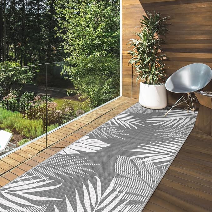 GENIMO Outdoor Rug, Waterproof Plastic Runner Rugs, 2.5'x8' Grey White | Outside Leaf Carpet Mat for Patio Decor, Porch, Deck, Balcony, Camping, RV, Picnic, Beach, Reversible, Foldable, Lightweight