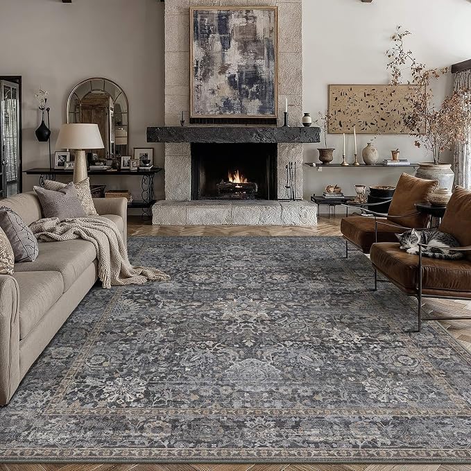 HUGEAR Area Rugs 8x10 Blue Washable Rug for Living Room Bedroom Large Neutral Vintage Rug Carpet Distressed Soft Durable Non Slip No Shedding for Indoor Dining Nursery Farmhouse