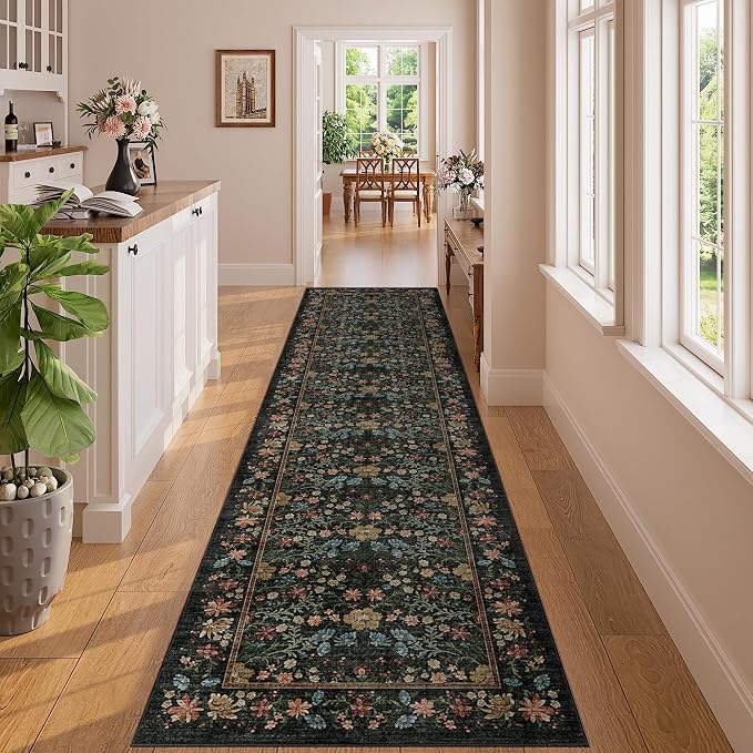 DUKINO 2x8 Runner Rug, Washable Vintage Floral Kitchen Rug, Black | Non Slip, Low Pile, Non-Shedding, Stain Resistant Aesthetic Soft Carpet Runner for Hallway Bathroom Laundry Bedroom Entryway