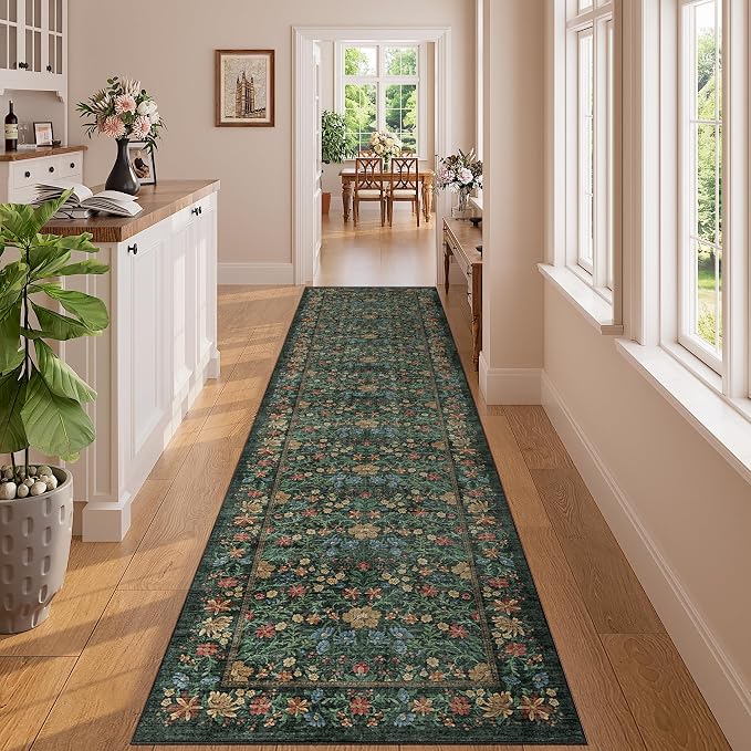 DUKINO 2x8 Runner Rug, Washable Vintage Floral Kitchen Rug, Green | Non Slip, Low Pile, Non-Shedding, Stain Resistant Aesthetic Soft Carpet Runner for Hallway Bathroom Laundry Bedroom Entryway