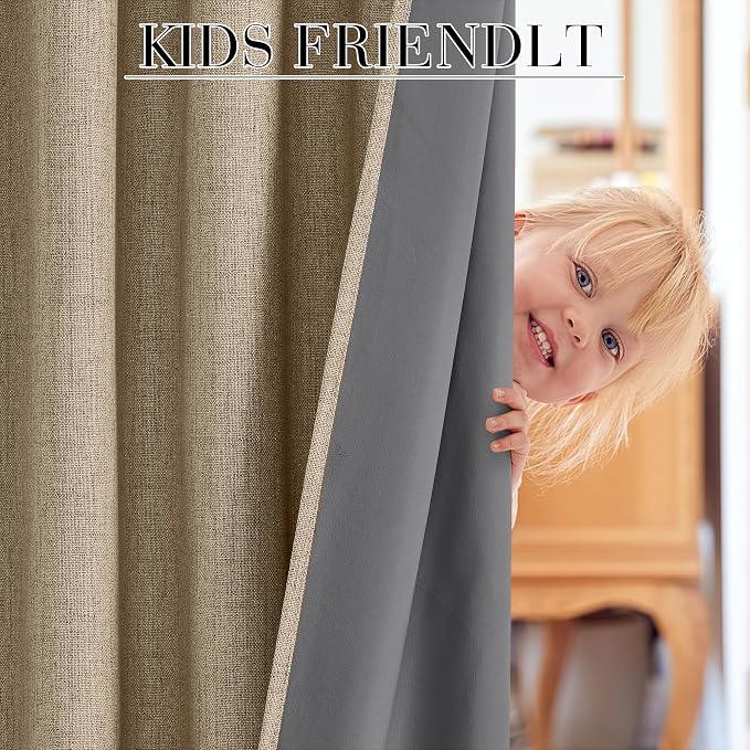 RYB HOME Burlap 100% Blackout Curtains 63 inch Long, Light Blacking & Thermal Insulated Curtains for Nursery/Bedroom/Boys'Room, Back Tab & Rod Pocket Window Treatment, W52 x L63, 2 Panels