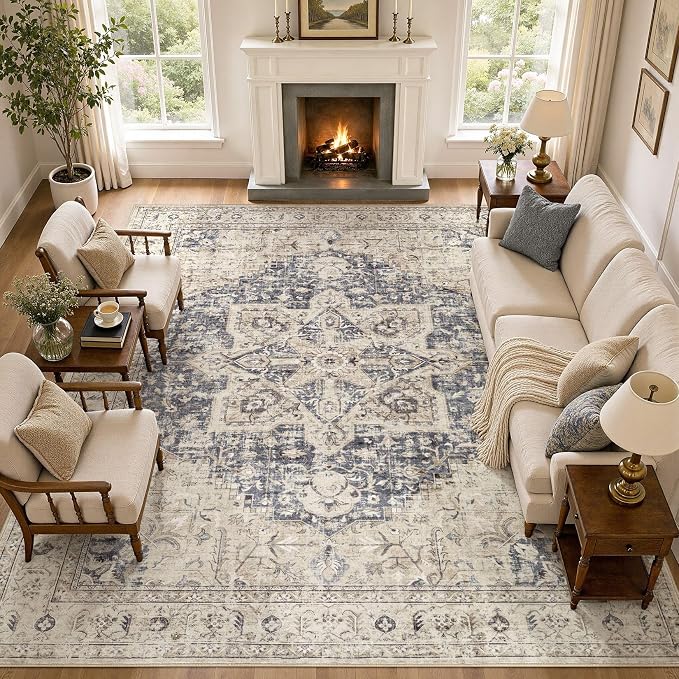 Tortania Area Rug Living Room Rugs - 10x12 Washable Boho Rug Vintage Oriental Distressed Farmhouse Large Thin Indoor Carpet for Living Room Bedroom Under Dining Table Home Office - Cream Blue