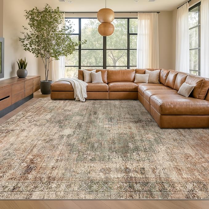 Hazo Haus Vintage Distressed Medallion Area Rug for Living Room – 10x12 Green Brown Large Washable Rug for Bedroom & Dining Room Under Table, Ultra-Thin Soft Non-Slip Lightweight Printed Design