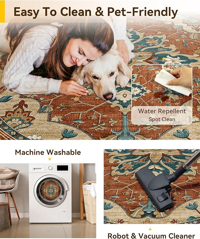 RELEANY Area Rugs Round 8ft Washable Non-Slip, Floral Vintage Distress Medallion Carpet for Living Room Bedroom Dining Room, Red Orange Blue Brown