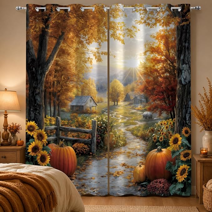 Autumn Country Road Window Curtains 52 x 63 in, Fall Landscape Drapes with Pumpkins, Sunflowers, Trees and Farmhouse Path for Bedroom Living Room
