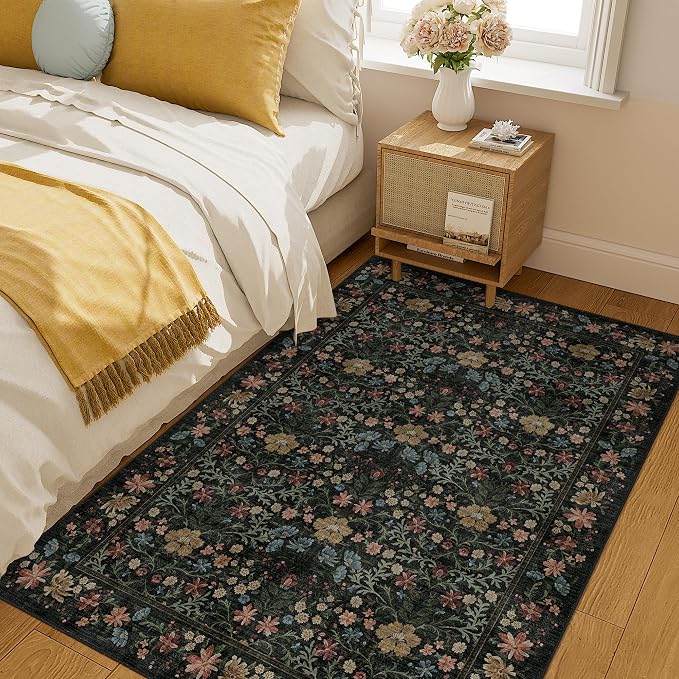 DUKINO 4x6 Rug for Living Room, Washable Vintage Floral Area Rug, Black | Non Slip, Low Pile, Non-Shedding, Aesthetic Lightweight Soft Indoor Carpet for Bedroom Kitchen Bathroom Entryway Farmhouse