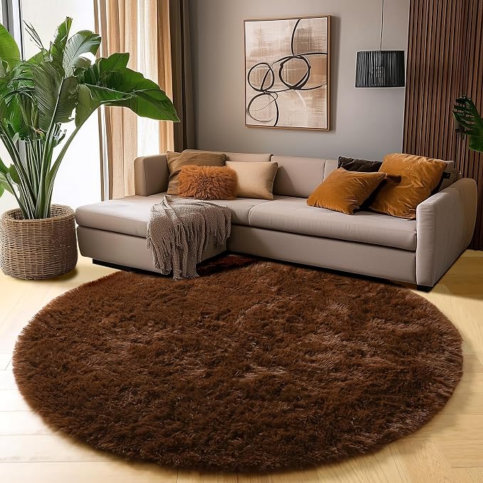 Amdrebio Dark Brown Round Circle Rugs 5Ft for Bedroom, Fluffy Shag Plush Area Rugs for Kids Room, Living Room Decor Aesthetic, Fuzzy Fur Floor Chocolate Coffee Carpet for Playroom Dorm Baby Nursery
