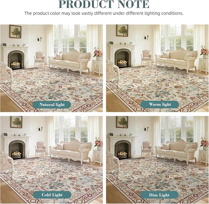 Deerly Beige Colorful Rugs 6x9 for Living Room Soft Non-Slip, Large Vintage Floral Area Rug Retro Tribal Farmhouse Stain Resistant Carpet for Bedroom Dining Room Office Guest Room