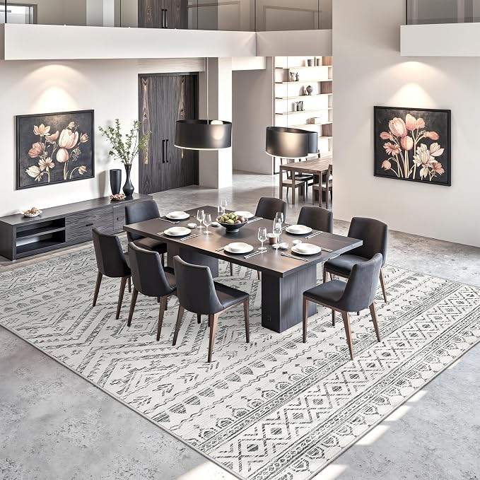 Miukiki 9x12 Area Rug for Living Room Moroccan Washable Rugs Non Slip Indoor Floor Carpet Foldable Large Soft Area Rug for Dining Room Bedroom with Low Pile(Grey,9'x12')