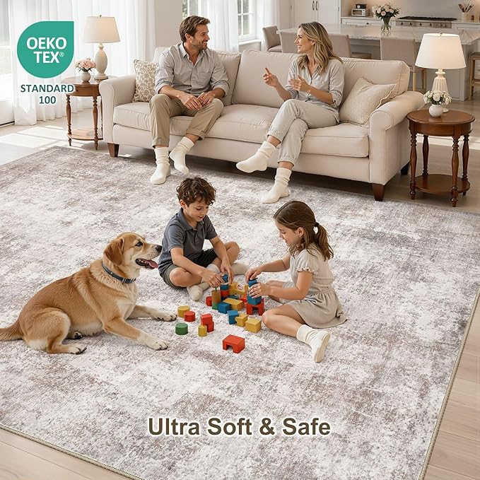 6x9 Area Rug, Non Slip Low Pile Washable Large Rug for Living Room | Soft Modern Abstract Carpet, Stain Resistant Kid & Pet Friendly, Made for Dining Room, Nursery, Home Office Indoor - Brown