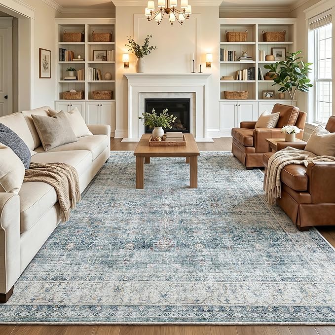 Beauoop 8x10 Washable Blue Neutral Vintage Large Area Rug for Living Room | Distressed Oriental Retro Traditional Non Slip Low Pile Soft Indoor Carpet Dusty Blue Bedroom Dining Room Office Nursery