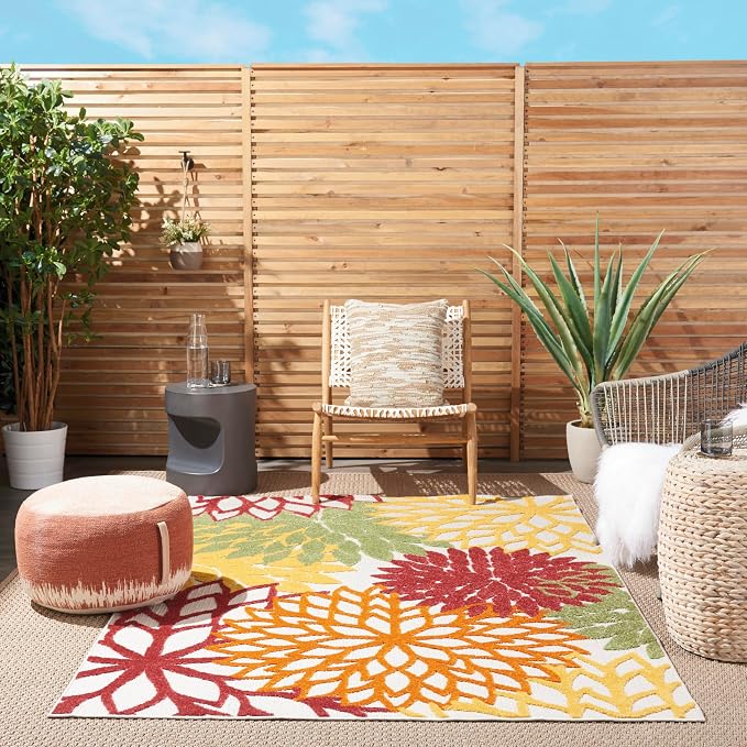 Nourison Home Aloha Indoor/Outdoor Red Multi Colored 6' x 9' Area Rug, Tropical, Botanical, Easy Cleaning, Non Shedding, Bed Room, Living Room, Dining Room, Deck, Backyard, Patio (6x9)