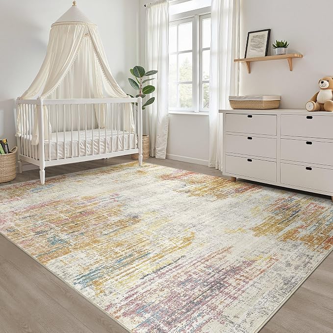 9x12 Area Rugs Living Room: Washable Large Neutral Rug Abstract Soft Modern Stain Resistant Indoor Floor Non-Slip Carpet for Bedroom Nursery Kids Classroom Playroom Dining Room Office- Gold Colorful