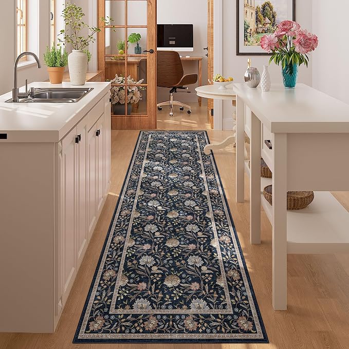 DUKINO 2x6 Runner Rug, Washable Vintage Floral Kitchen Rug, Navy Blue | Non Slip, Low Pile, Non-Shedding, Stain Resistant Soft Carpet Runner for Hallway Bathroom Entryway Bedroom Laundry Farmhouse