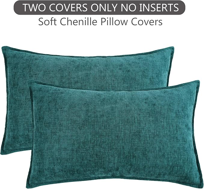 Stellhome Lumbar Chenille Throw Pillow Covers Set of 2 Super Soft Textured Decorative Pillow Covers Accent Solid Cushion Cover for Couch Sofa Bedroom Living Room 12x20 Inch, Teal