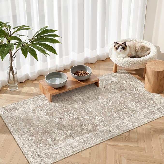Madane 2x4 Washable Rugs for Entryway, Low Pile Non-Slip Small Area Rug Kitchen Door Mat, Vintage Soft Throw Neutral Rug Floor Mat for Indoor Front Entrance Bathroom Hallway (2 x 4, Brown/Sand)