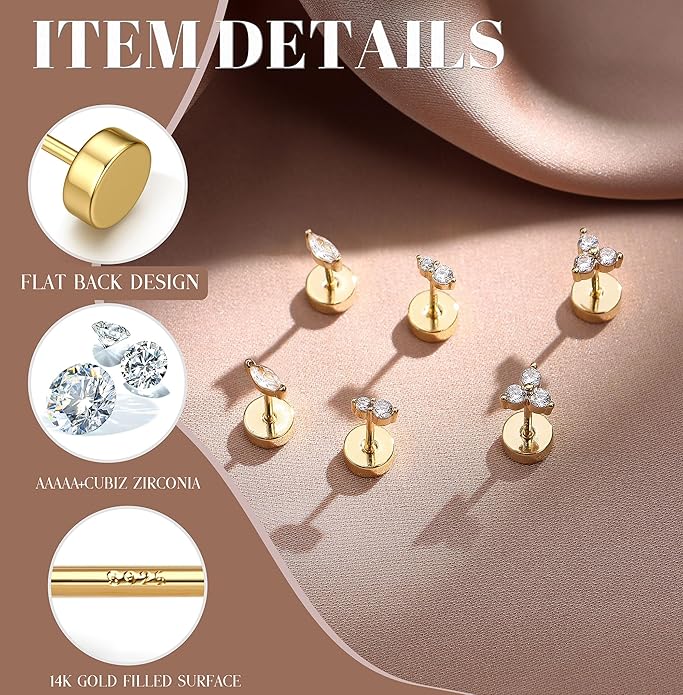 14K Gold Plated Solid 925 Sterling Silver Post Flat Back Earrings Stud | Cartilage Helix Conch Tragus Piercing Jewelry 3 Pairs Tiny Screw Dainty CZ Opal Earring Set Men Women