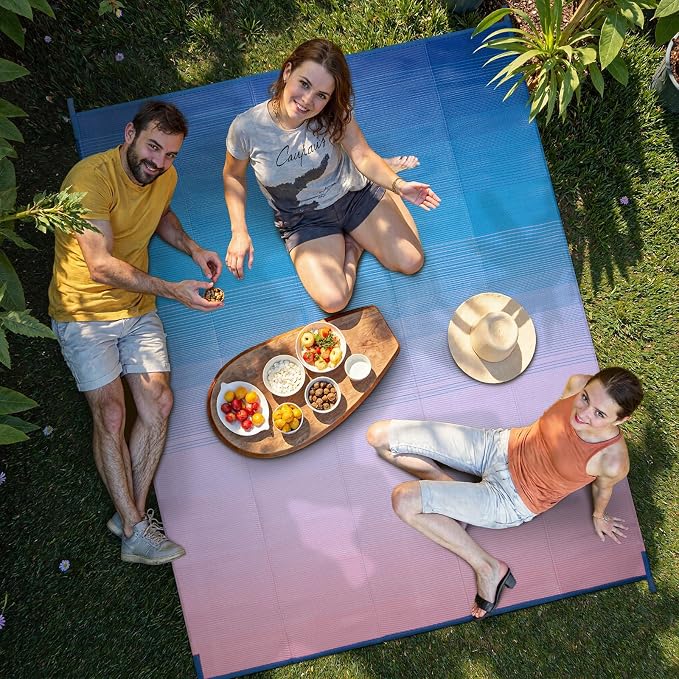 Lahome Outdoor Area Rugs 8x10 Waterproof, Large Reversible Plastic Straw Camping Rug for Patio, Lightweight Portable Outdoor Carpet for Backyard Garden Balcony, Blue Pink 8'x10'