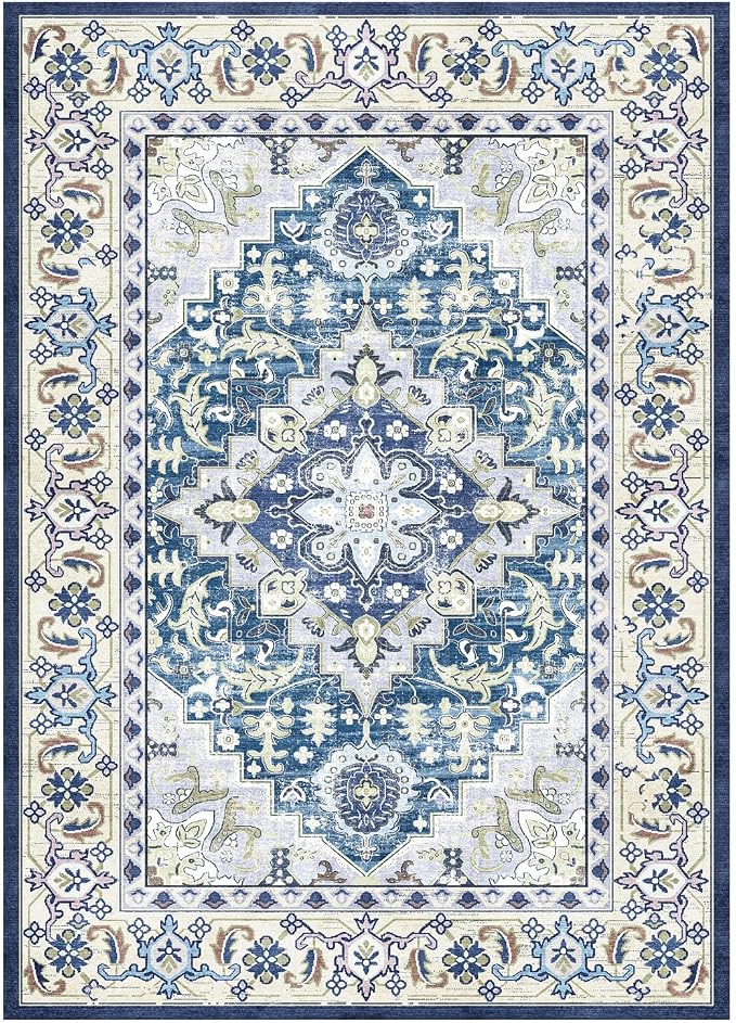 Lessymo 8 x 10 Area Rugs for Living Room, Machine Washable Area Rugs Boho Faux Wool Low Pile Area Rug for Bedroom, Floral Medallion Vintage Rugs with Non-Slip Rubber, Kid & Pet Friendly,Dark Blue