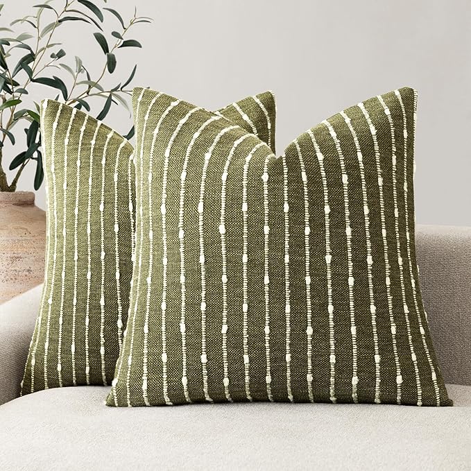 Foindtower Pack of 2 Decorative Jacquard Boucle Throw Pillow Covers Accent Textured Striped Pillowcases Soft Boho Modern Cushion for Couch Sofa Bedroom Living Room Home Decor 22x22 Inch Olive Green