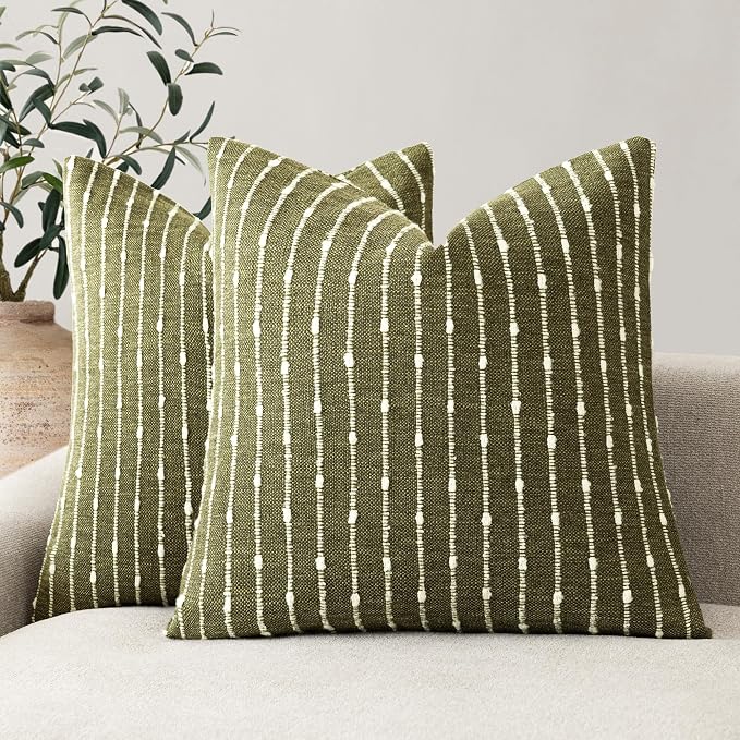 Foindtower Pack of 2 Decorative Jacquard Boucle Throw Pillow Covers Accent Textured Striped Pillowcases Cozy Modern Cushion for Couch Sofa Bedroom Living Room Home Decor 18x18 Inch Olive Green