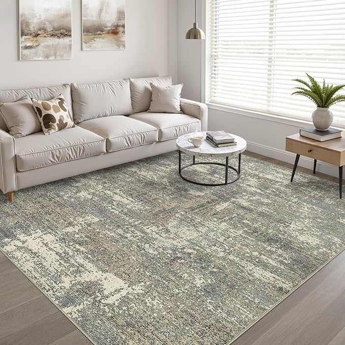 10x12 Area Rug Living Room: Washable Large Neutral Rug Abstract Soft Modern Stain Resistant Indoor Floor Non-Slip Carpet for Bedroom Nursery Kids Office Playroom Dining Room- Green Brown