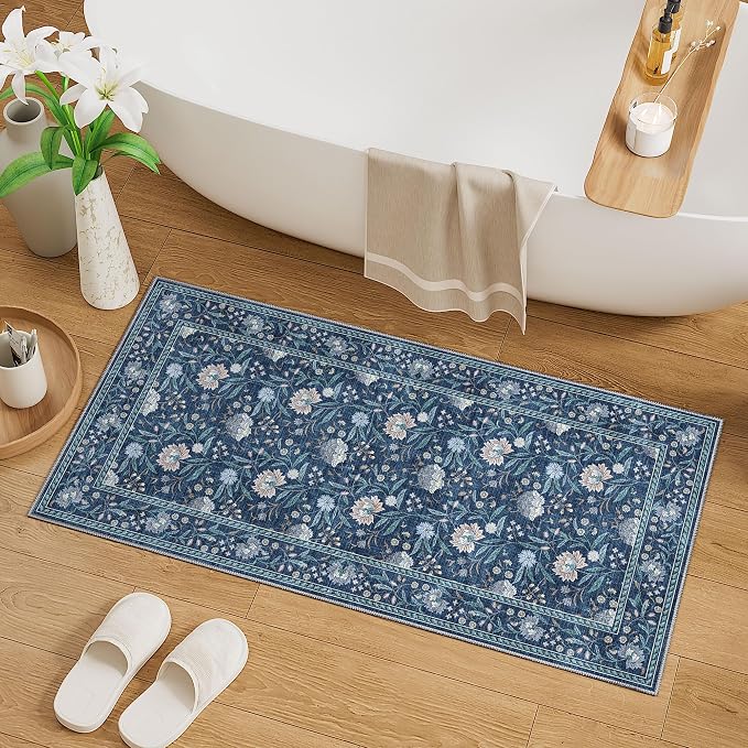 DUKINO 2x4 Rug, Washable Vintage Floral Entryway Rug Non Slip, Dark Blue | Low Pile, Non-Shedding, Stain Resistant Boho Lightweight Soft Indoor Carpet for Kitchen Bathroom Hallway Laundry Farmhouse