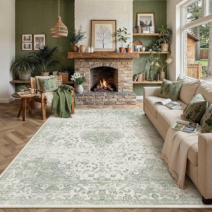 HUGEAR Green 8x10 Area Rug Washable for Living Room Soft Vintage Rug Carpet Non-Shedding & Non-Slip Indoor Home Decor Bedroom Dining Room Kitchen Office Low Pile Floor Mat