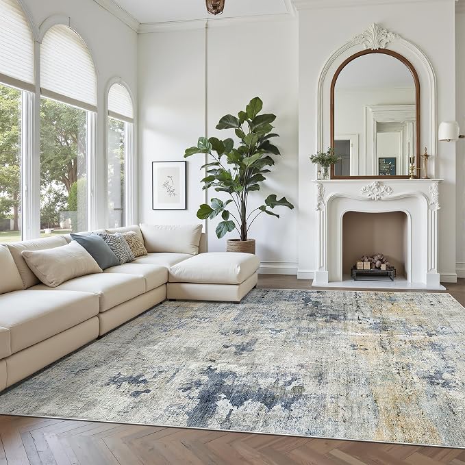 Soalmost Abstract Rug 8x10 Large Living Room Rugs Neutral Modern Washable Area Rugs for Bedroom Dining Room Non-Slip Stain Resistant Foldable Thin Rug Blue Yellow