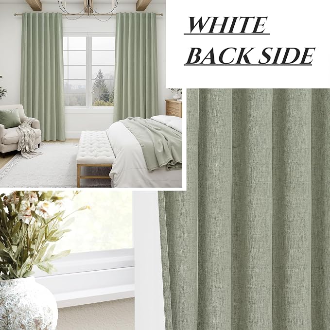 Sage Green Blackout Linen Curtains 102 Inches Long for Living Room Bedroom, Pleated Window Track Curtain with Pin Hooks Belt Boho Light Green Drapes Thermal Insulated (50"Wx102"Lx2Panels) Back Tab