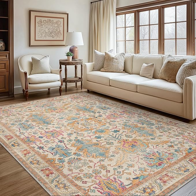 Area Rugs 8x10 Clearance Washable Boho Rug for Bedroom Living Room, Non Slip Thin Low Pile Chenille Carpet for Dining Room,Vintage Farmhouse, Turmeric
