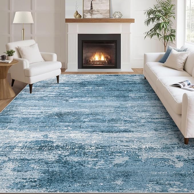 Washable Rug 6x9 Area Rugs for Living Room: Neutral Soft Rug Abstract Non Slip Low Pile Modern Carpet for Bedroom Kitchen Nursery Office Dining Room Indoor (Darkblue, 6'x9')