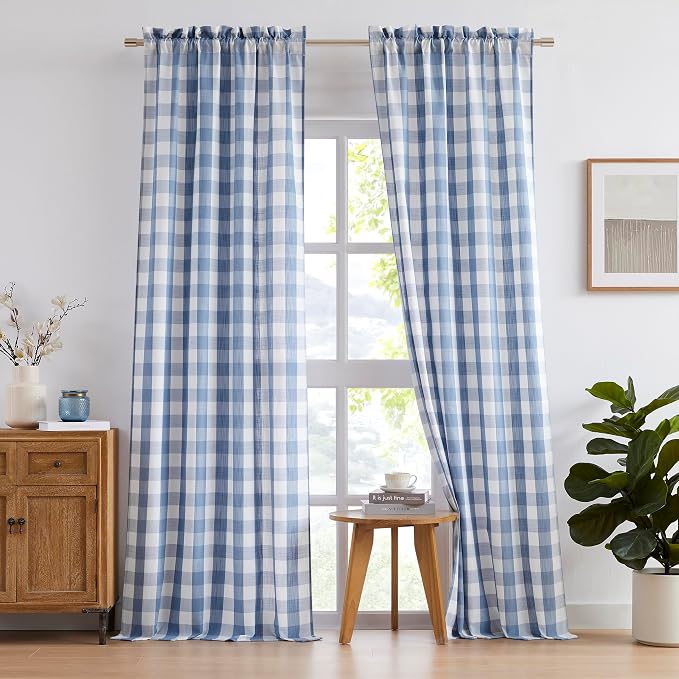 Dusty Blue and White Buffalo Plaid Semi Sheer Curtains 90 Inches | Extra Long Farmhouse Panels for Living Room Bedroom Sliding Glass Doors,Yarn Dyed Fabric,Rod Pocket,52"Wx90"L,Pack of 2