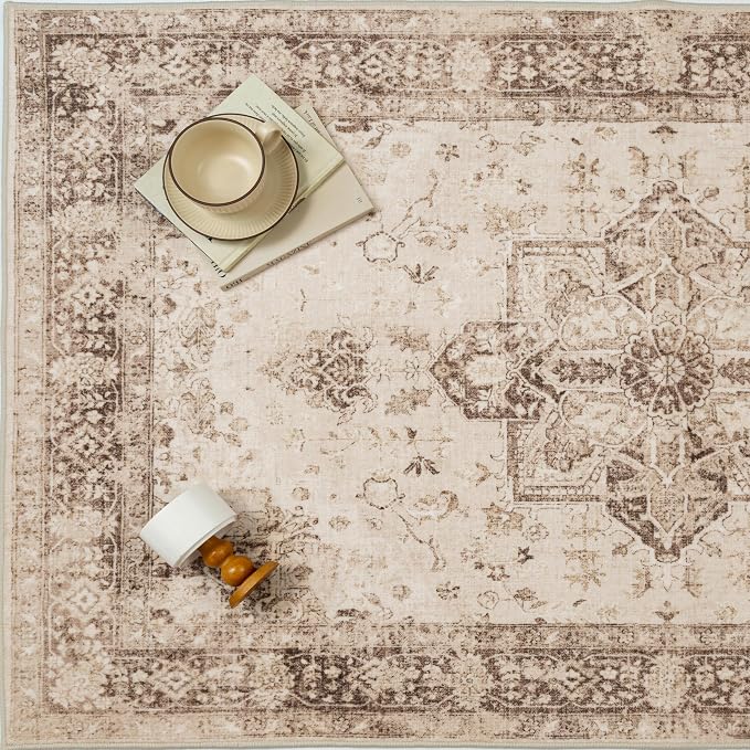 PureCozy Brown 5x7 Area Rug Washable Vintage Living Room Carpet Non Slip Retro Distressed Low Pile Soft Oriental Medallion Thin Throw Rug for Kitchen Bathroom Office Bedroom Dining Room