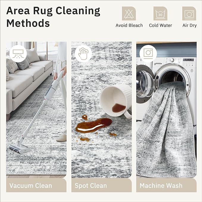 Soalmost Area Rugs 4x6 for Living Room, Vintage Washable Rugs for Dining Room, Kitchen, Non-Slip Area Rug Grey