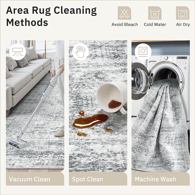 Soalmost 9x9 Grey Round Rug 9ft Living Room Circle Rug Vintage Round Area Rug Non Slip Indoor Carpet for Apartment
